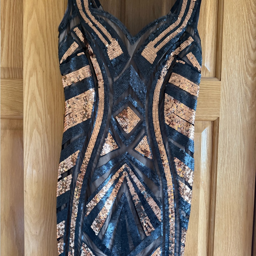 bebe Black and Gold Geometric Sequin Mini Dress